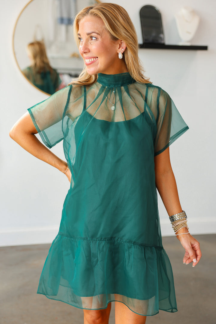 Organza Overlay Dress - Green