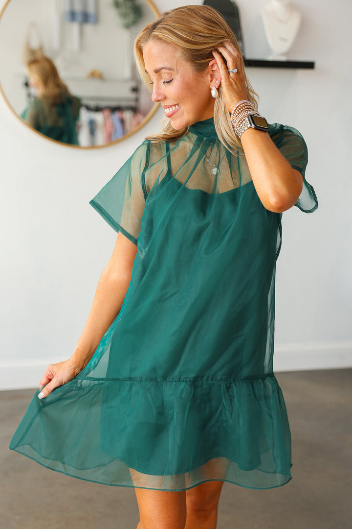 Organza Overlay Dress - Green