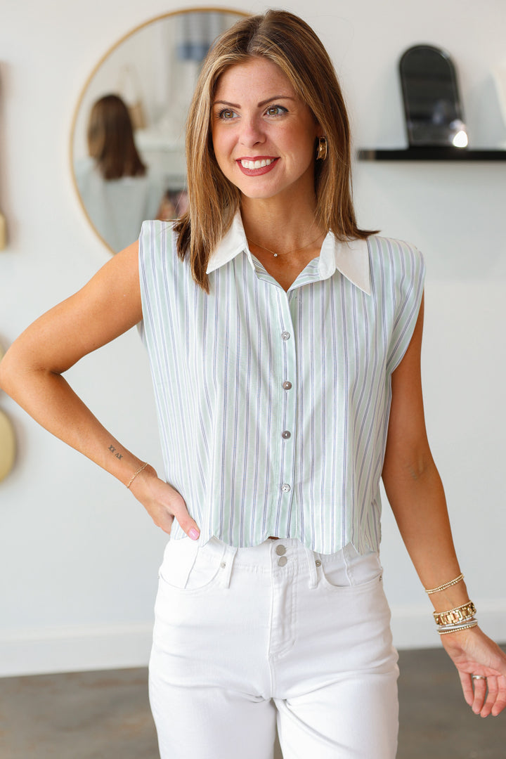 Stripe Button Down Muscle Tank - Mint