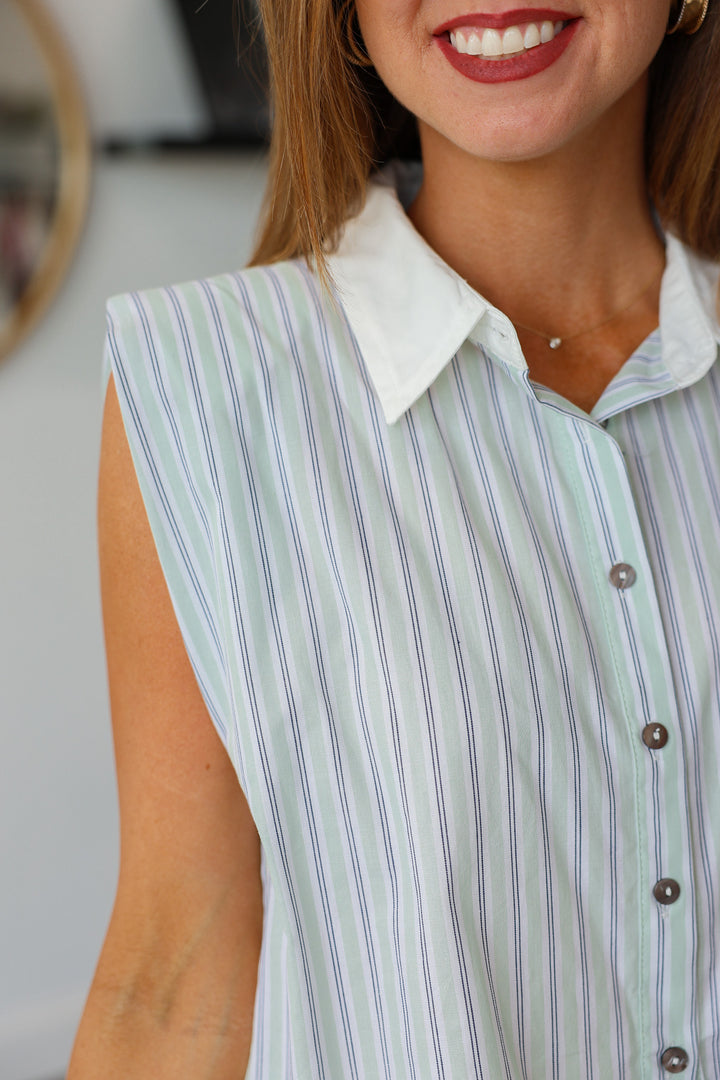 Stripe Button Down Muscle Tank - Mint