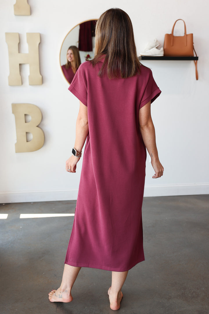 V Neck Maxi Dress - Burgundy
