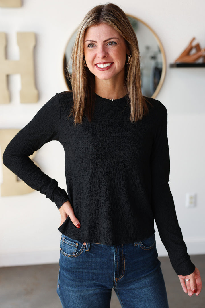 Textured Long Sleeve Top - Black