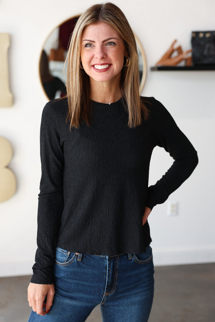 Textured Long Sleeve Top - Black