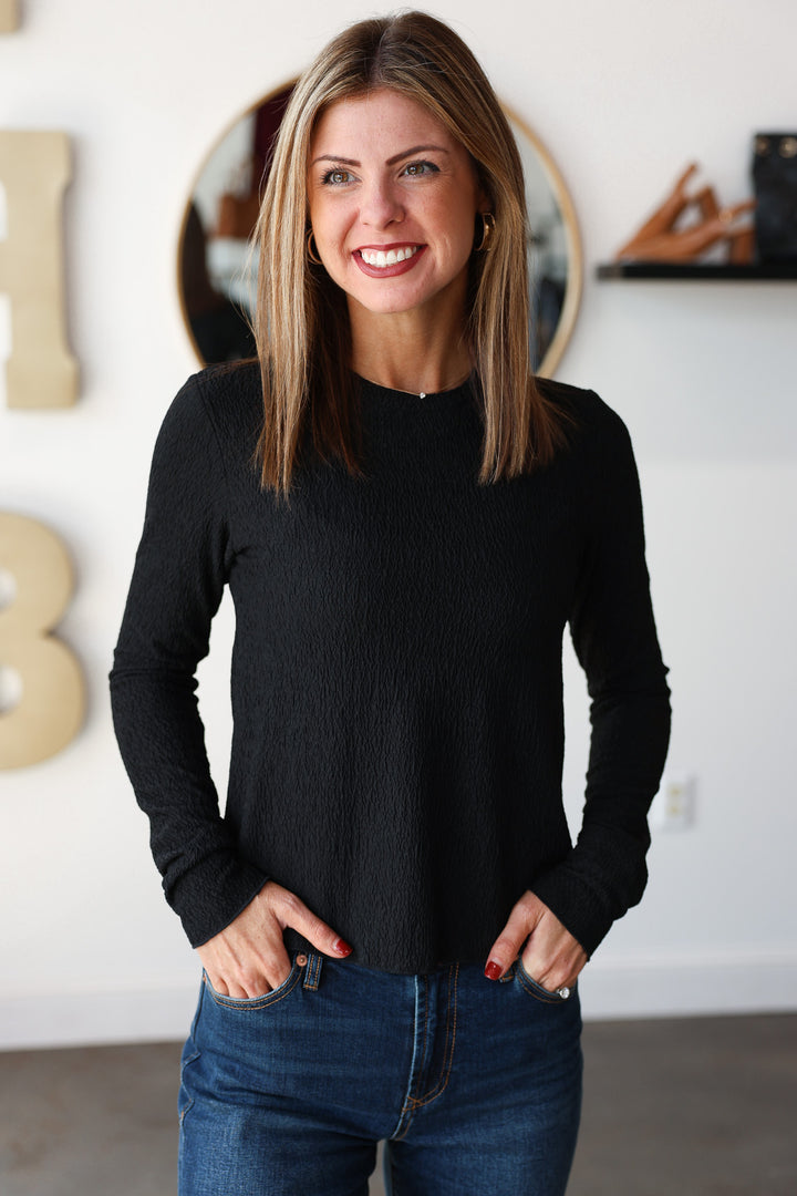Textured Long Sleeve Top - Black