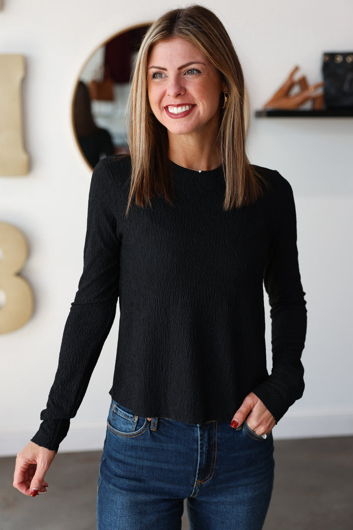 Textured Long Sleeve Top - Black