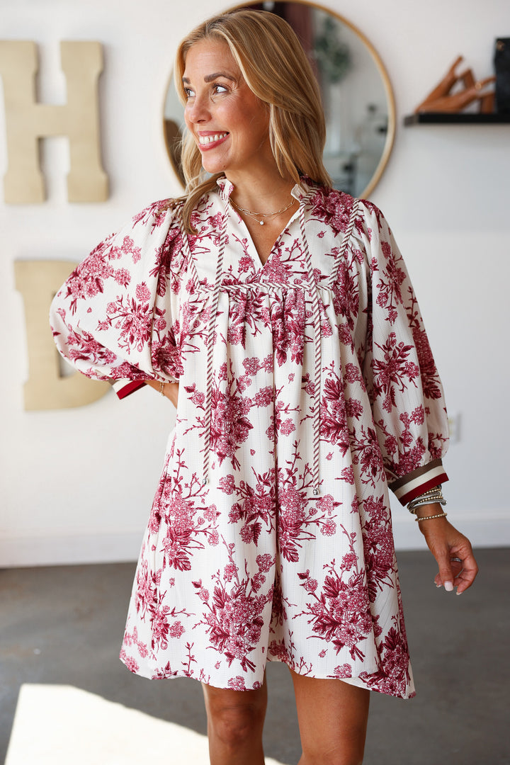 Floral Print Striped Contrast Dress - Burgundy