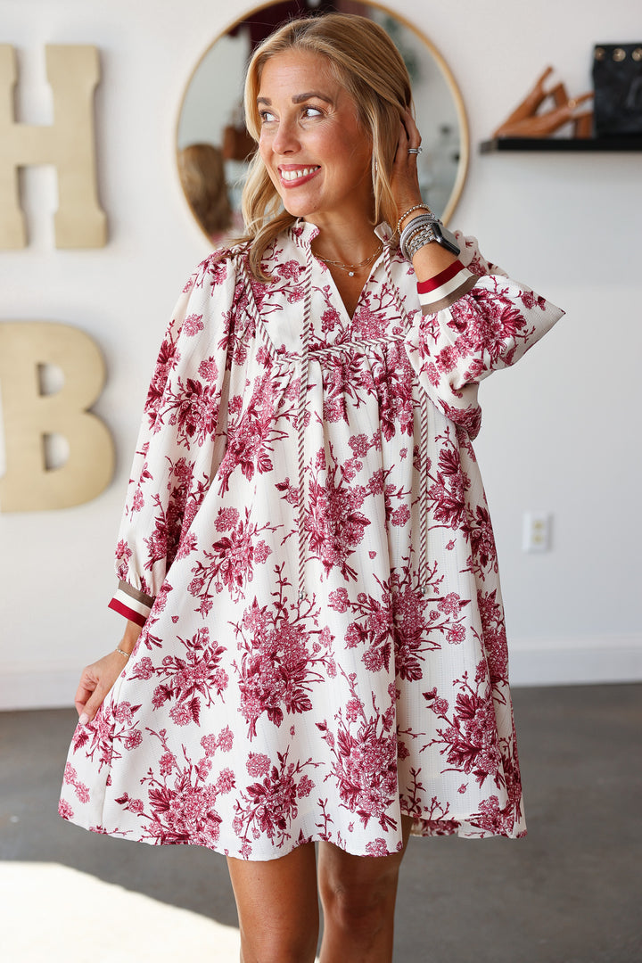 Floral Print Striped Contrast Dress - Burgundy