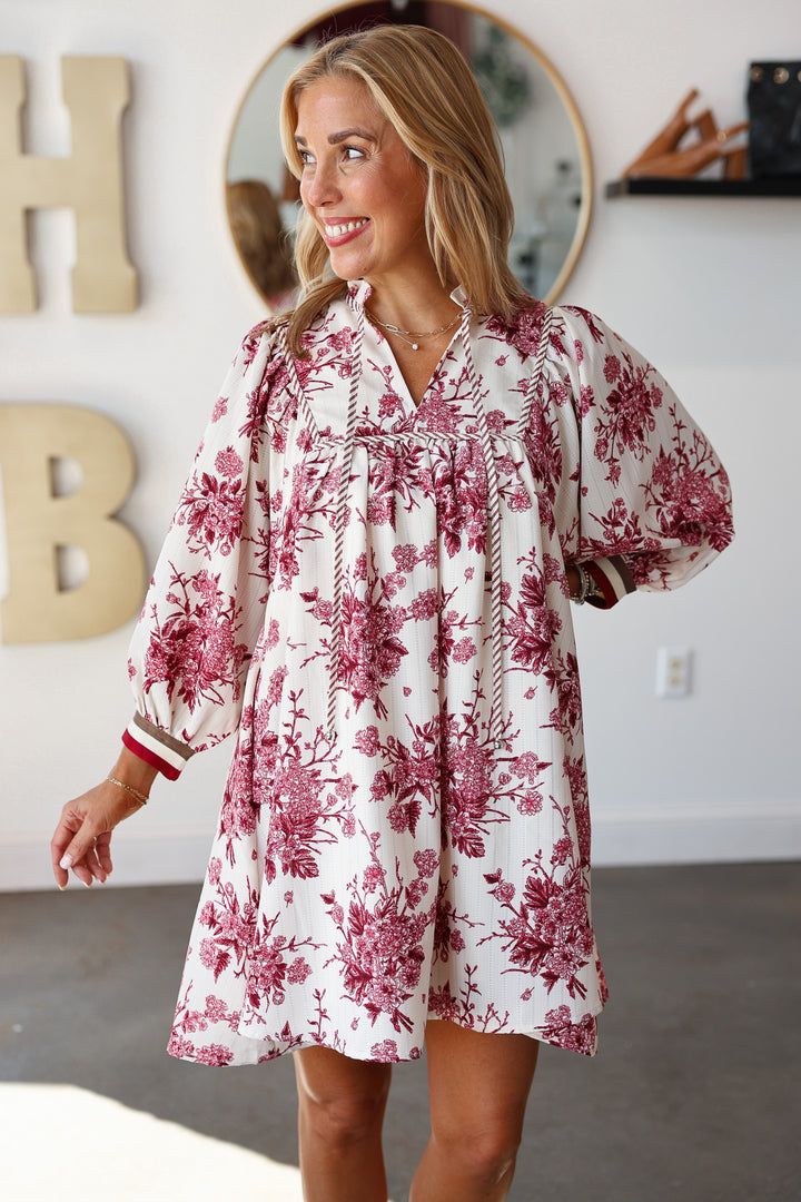 Floral Print Striped Contrast Dress - Burgundy