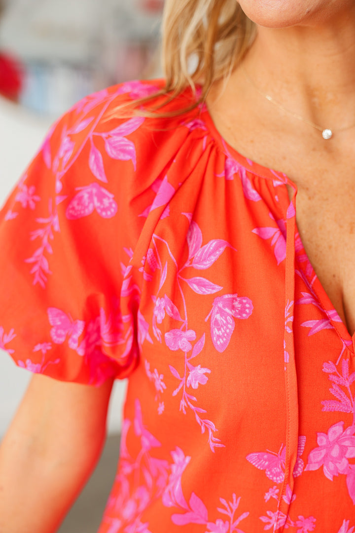 Printed Balloon Sleeve Top - Red