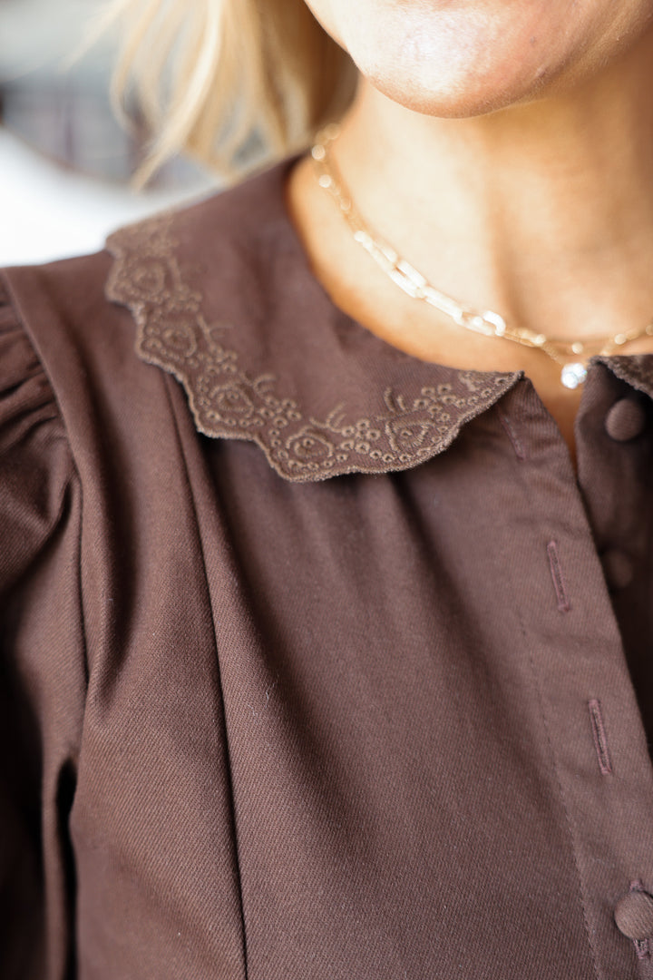 Embroidered Trim Detail Top - Brown