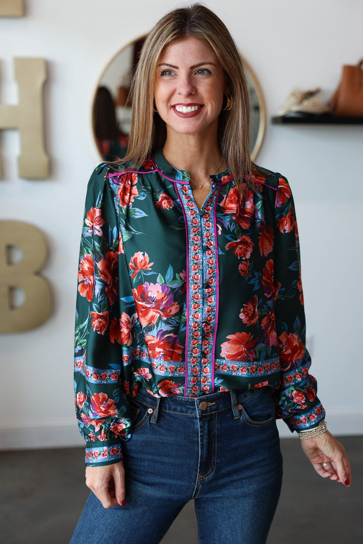 Button Front Printed Top - Deep Green