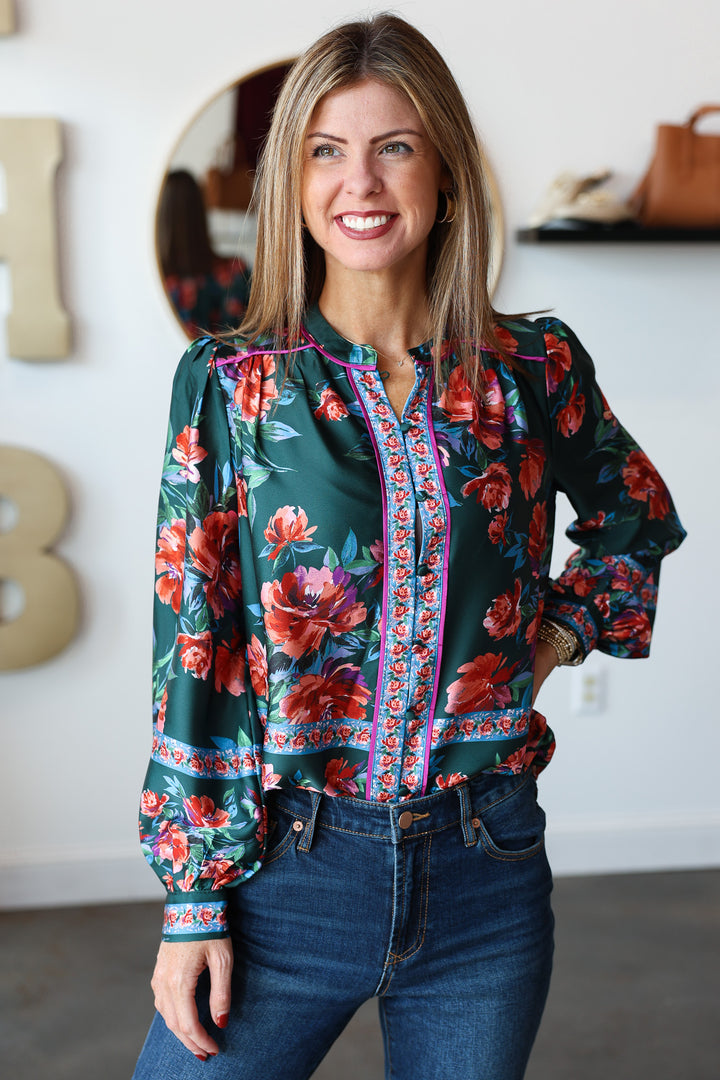 Button Front Printed Top - Deep Green