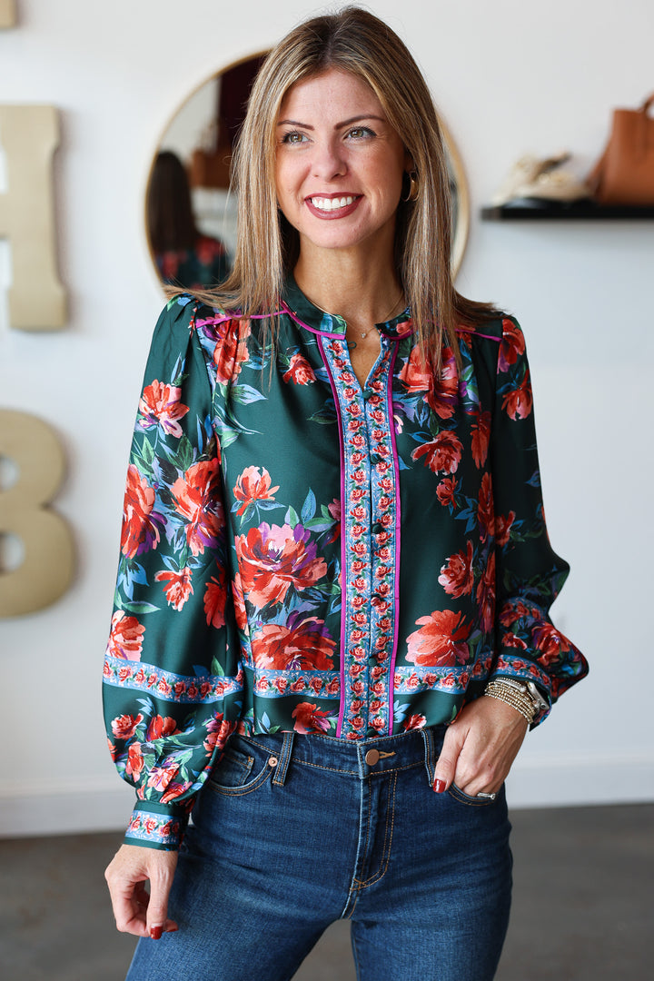 Button Front Printed Top - Deep Green