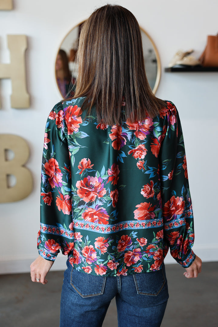 Button Front Printed Top - Deep Green