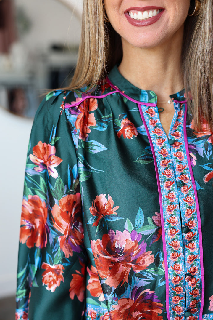 Button Front Printed Top - Deep Green