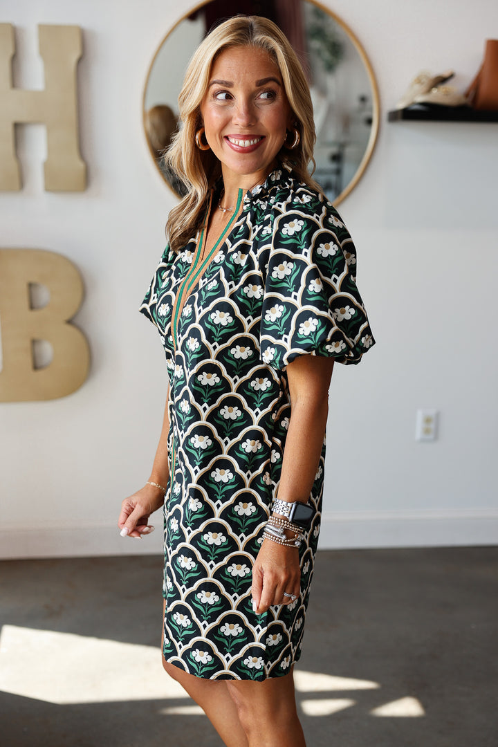 Contrast Trim Printed Dress - Black