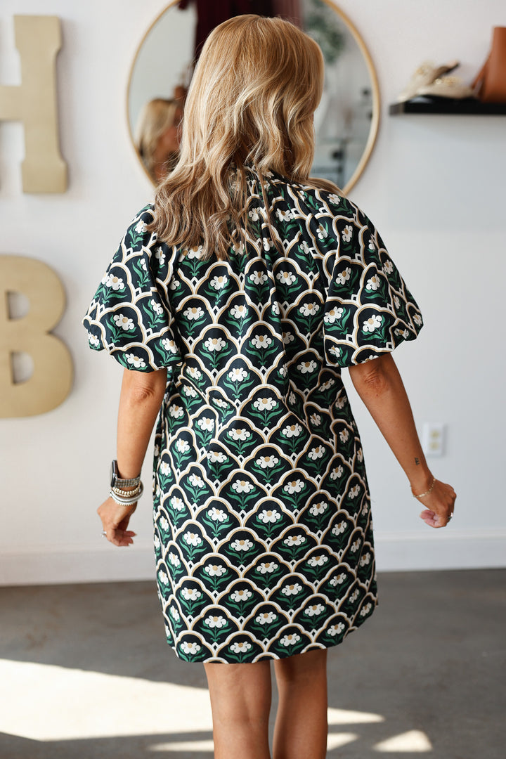 Contrast Trim Printed Dress - Black