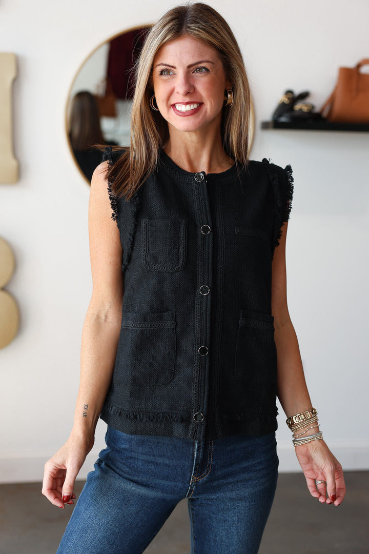 Fringe Trim Vest - Black