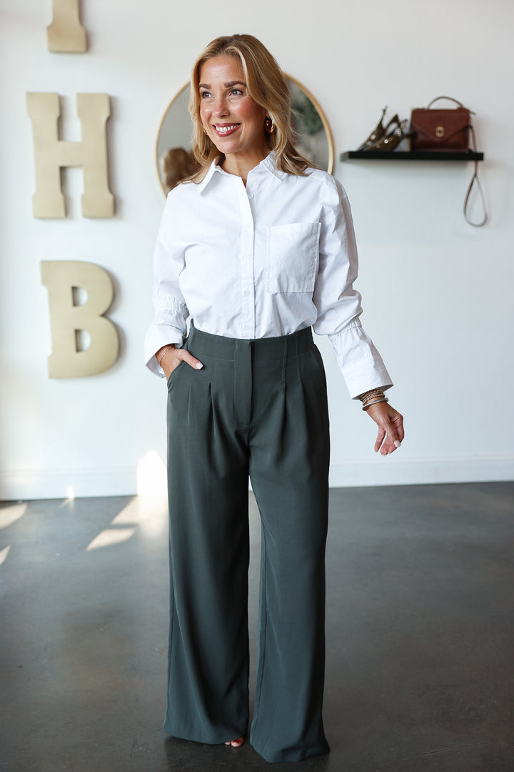 Wide Leg Dress Pants - Dark Green