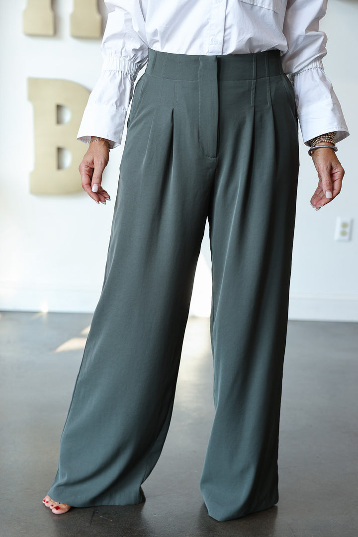 Wide Leg Dress Pants - Dark Green