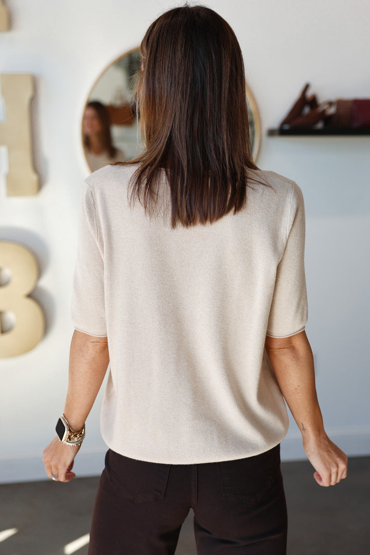 V Neck Short Sleeve Sweater - Oatmeal