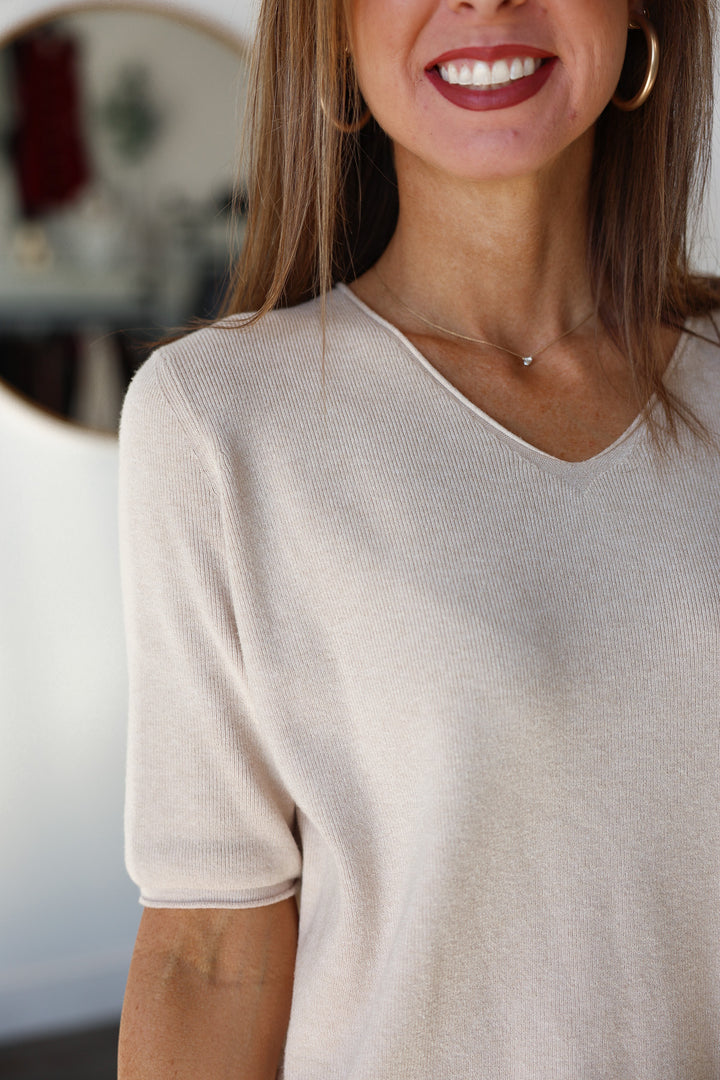 V Neck Short Sleeve Sweater - Oatmeal