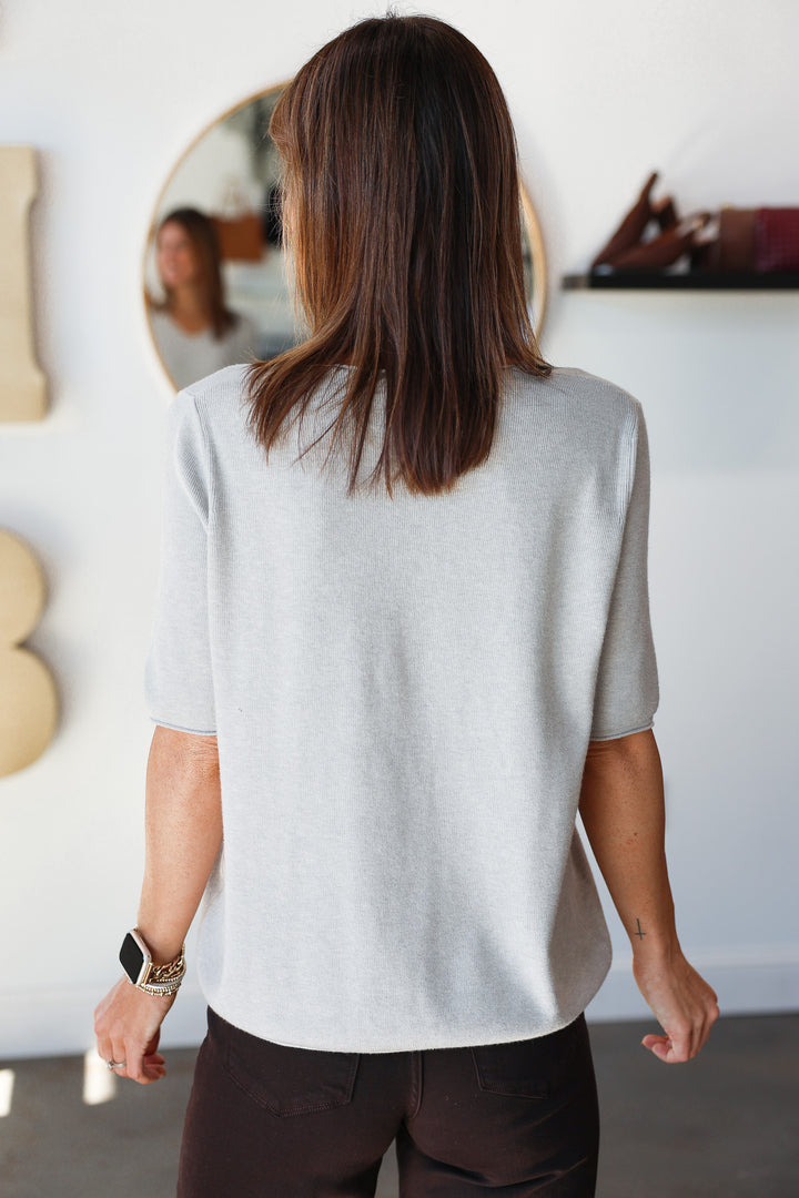 V Neck Short Sleeve Sweater - Heather Gray