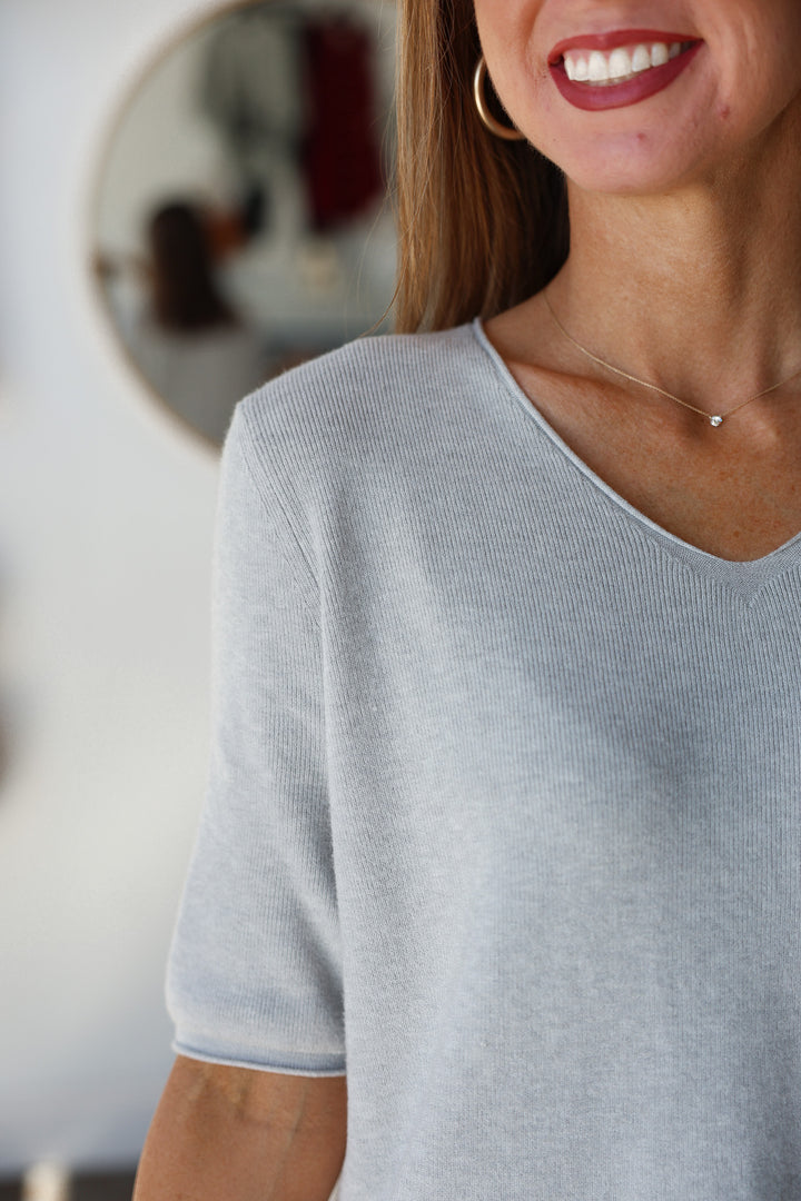 V Neck Short Sleeve Sweater - Heather Gray