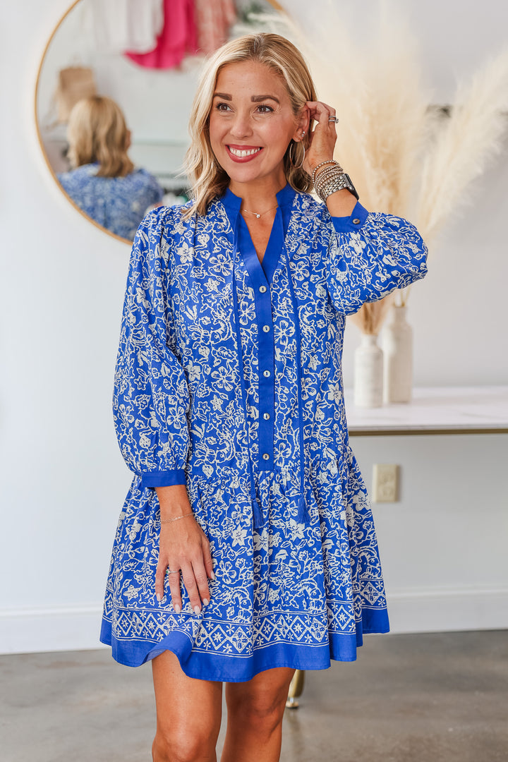 Button Front Printed Dress - Blue