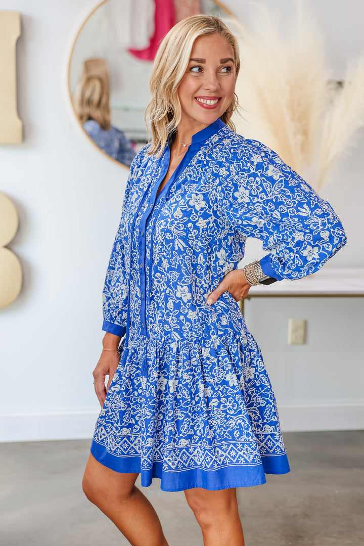 Button Front Printed Dress - Blue