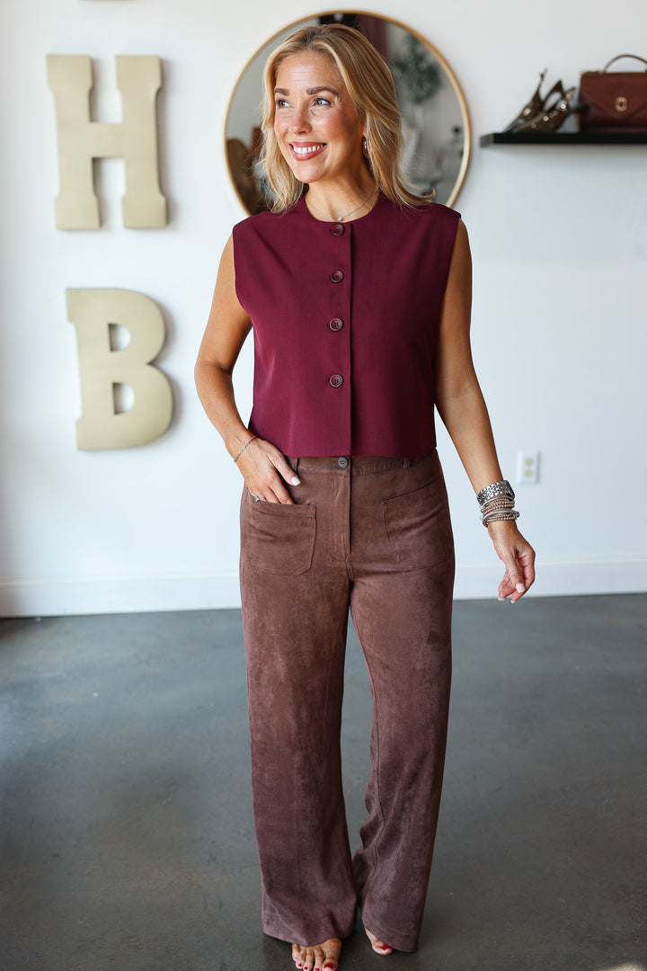 Faux Suede Wide Leg Pants - Brown