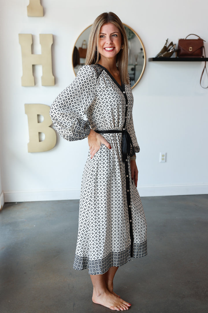 Button Front Geometric Dress - Cream/Black