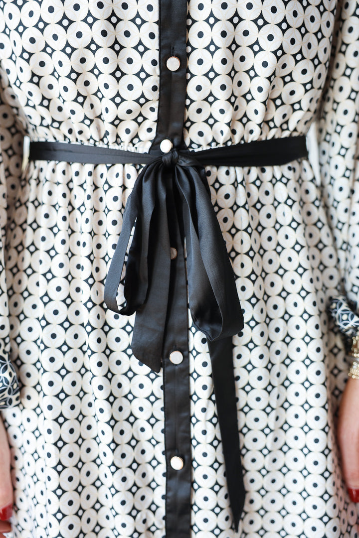 Button Front Geometric Dress - Cream/Black