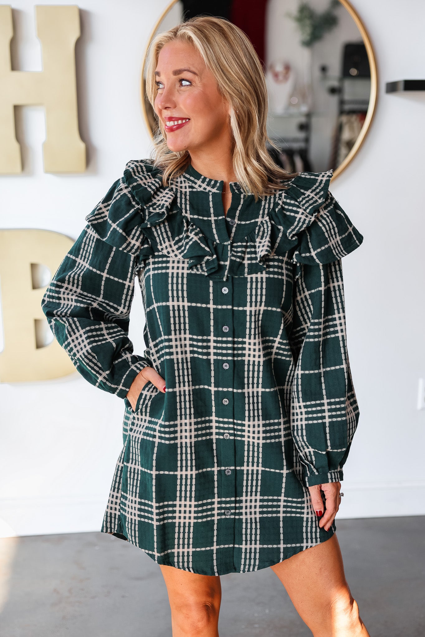 Plaid Ruffle Shoulder Dress Green Ivy House Boutique