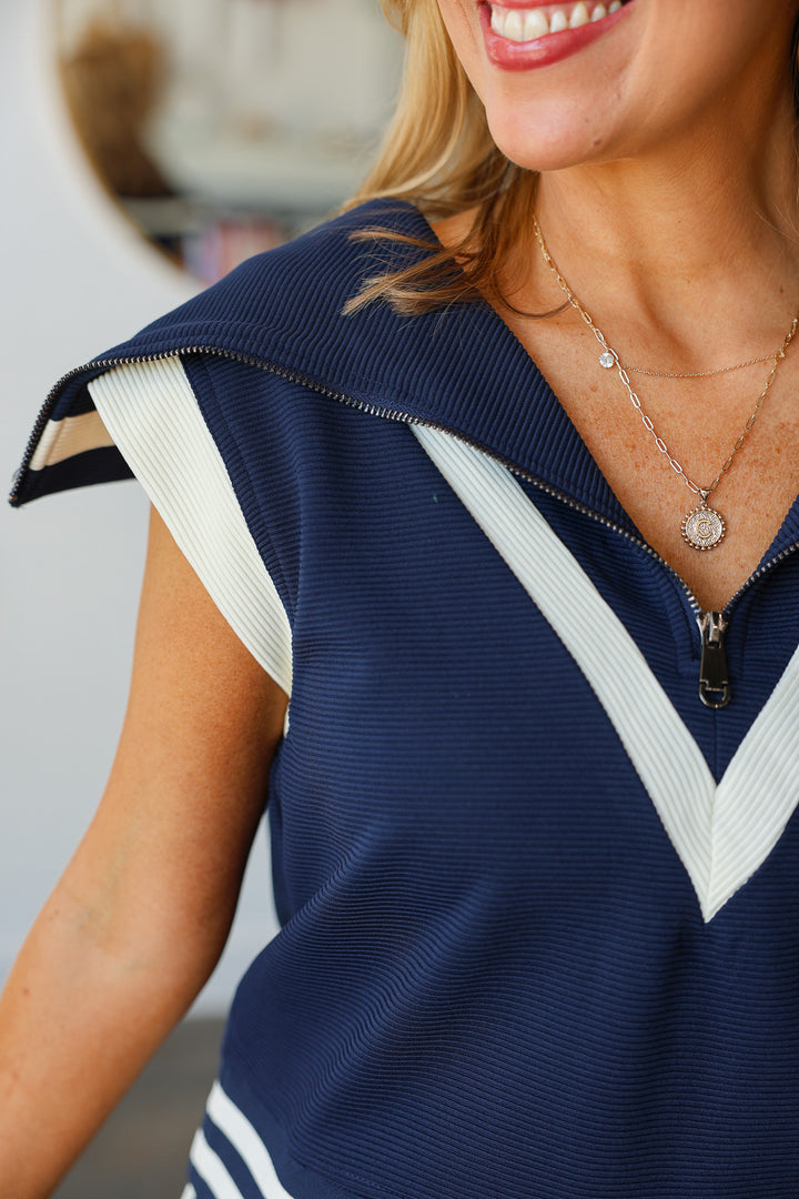 Oversized Collar Quarter Zip Top - Navy