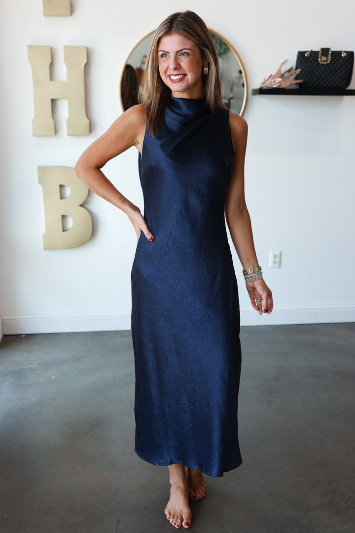 Cowl Neck Satin Midi Dress - Navy