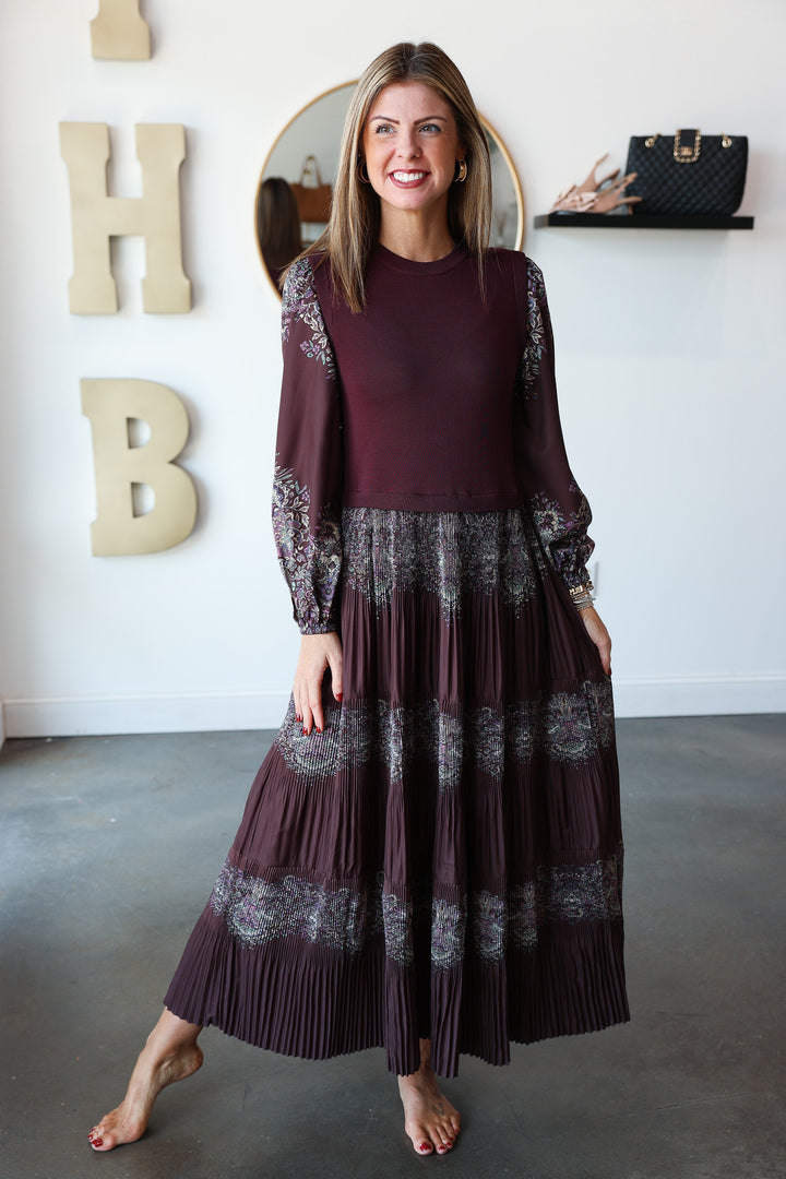 Mixed Media Printed Maxi Dress - Burgundy