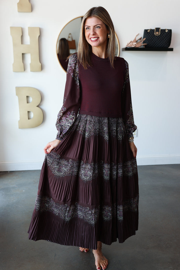 Mixed Media Printed Maxi Dress - Burgundy