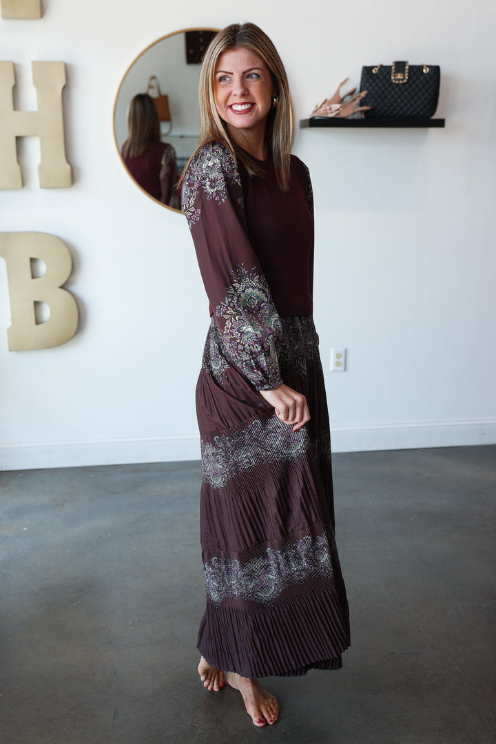 Mixed Media Printed Maxi Dress - Burgundy