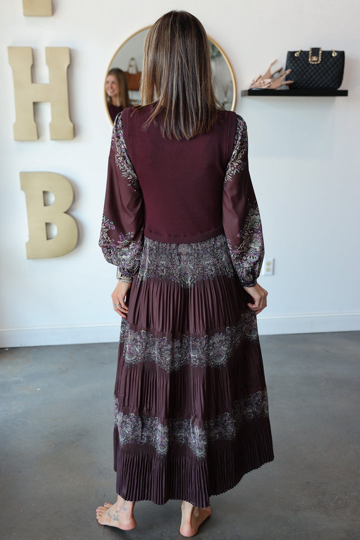 Mixed Media Printed Maxi Dress - Burgundy