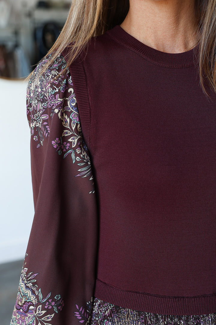 Mixed Media Printed Maxi Dress - Burgundy