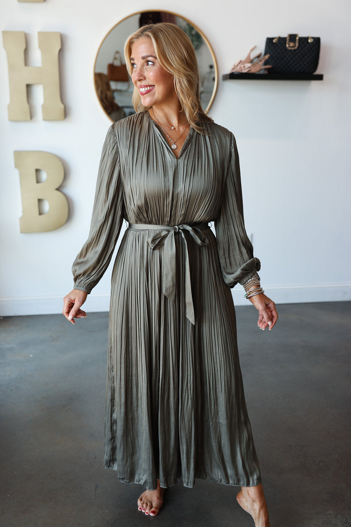 Pleated Midi Dress - Moss Gray