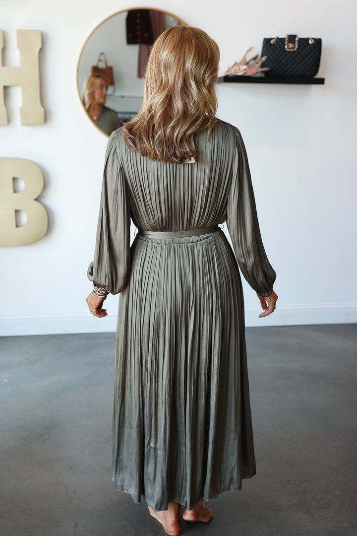 Pleated Midi Dress - Moss Gray