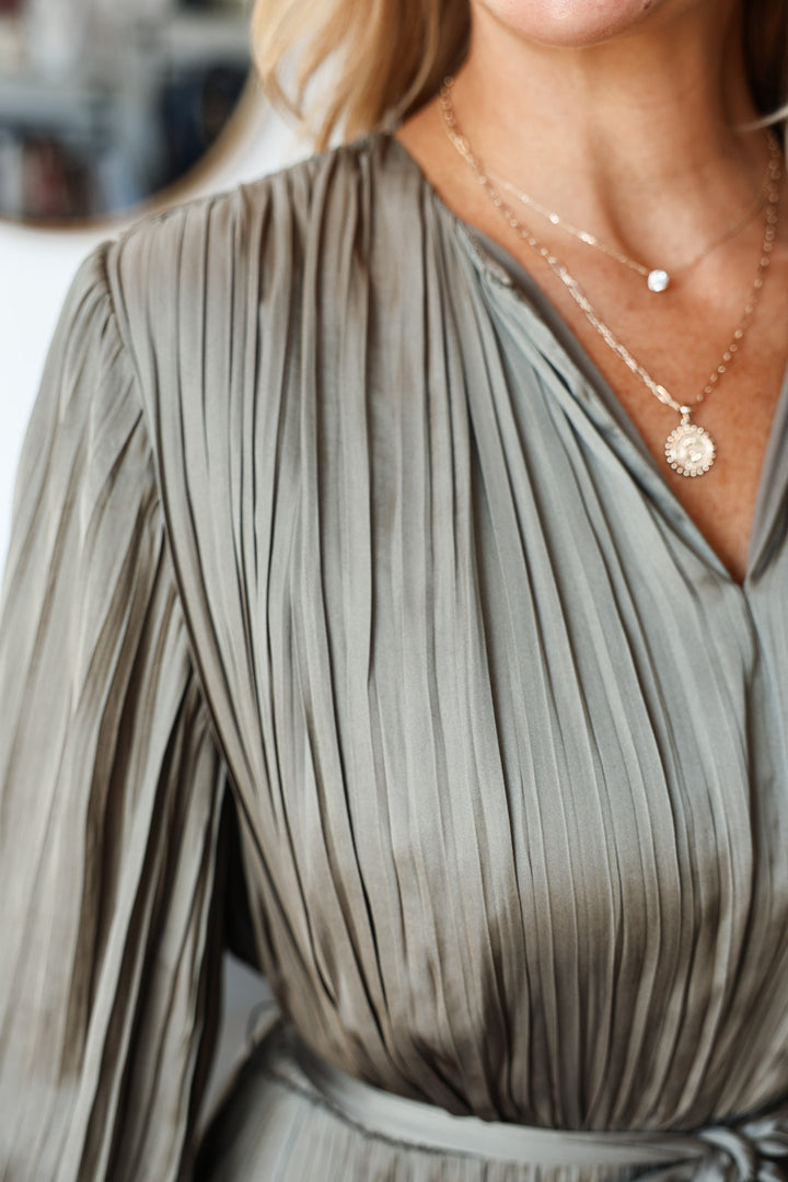 Pleated Midi Dress - Moss Gray