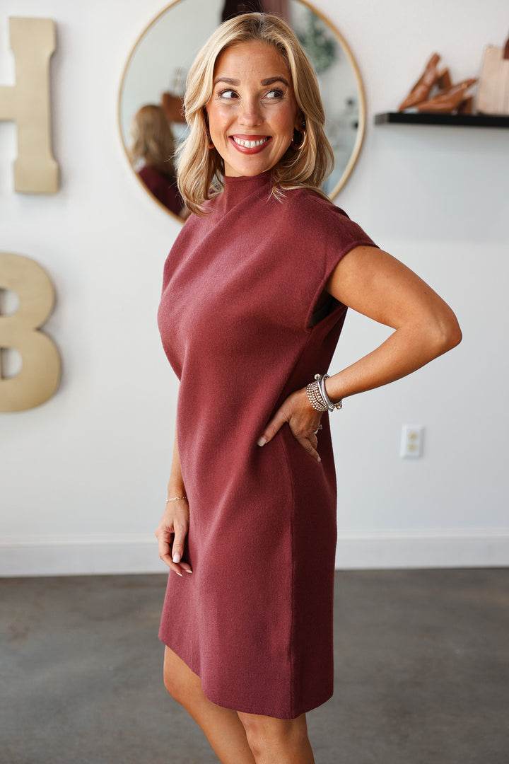 Mock Neck Shift Knit Dress - Brown