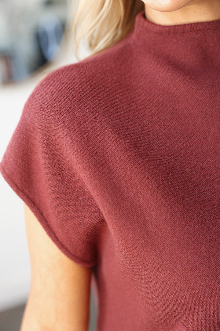 Mock Neck Shift Knit Dress - Brown