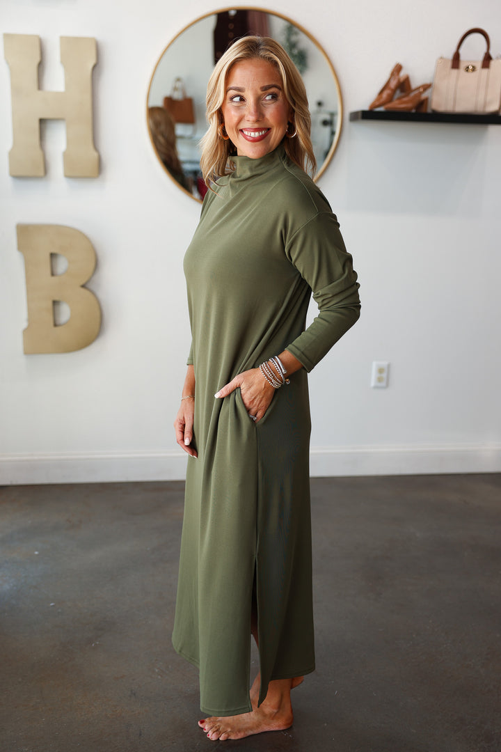 Mock Neck Shift Midi Dress - Olive
