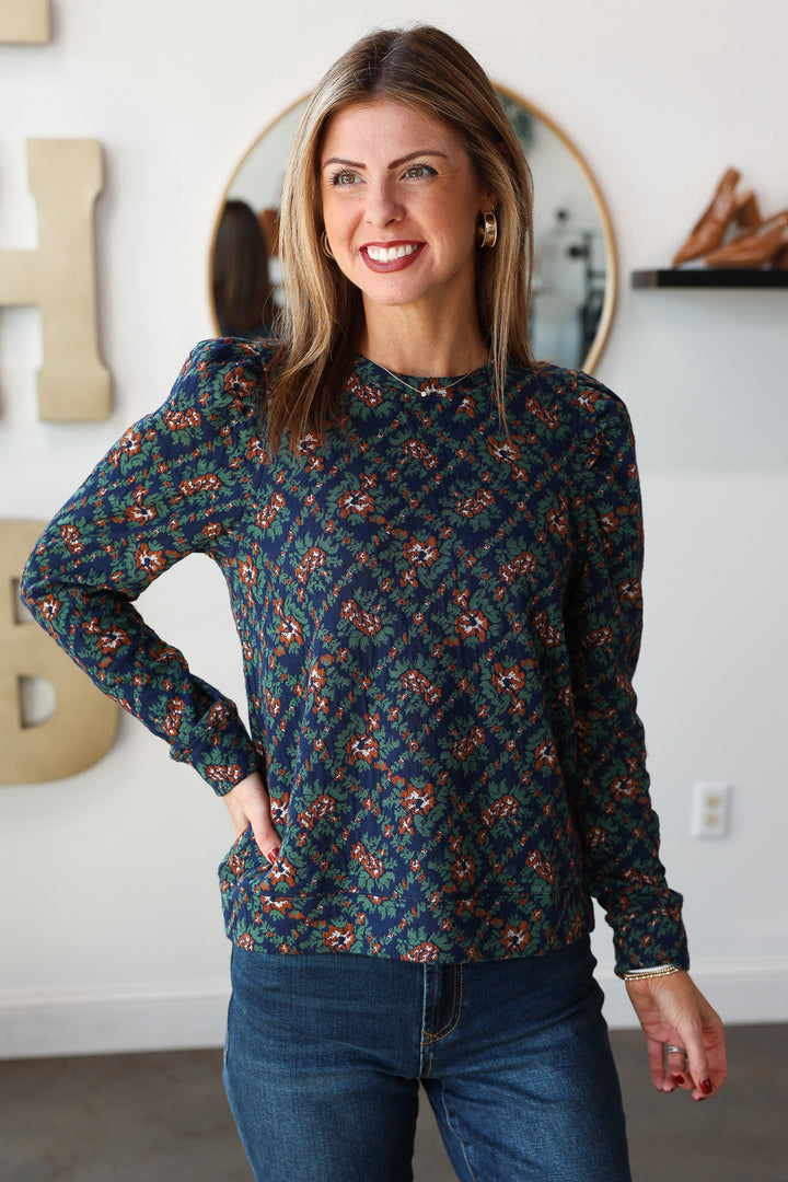 Puff Sleeve Printed Top - Navy