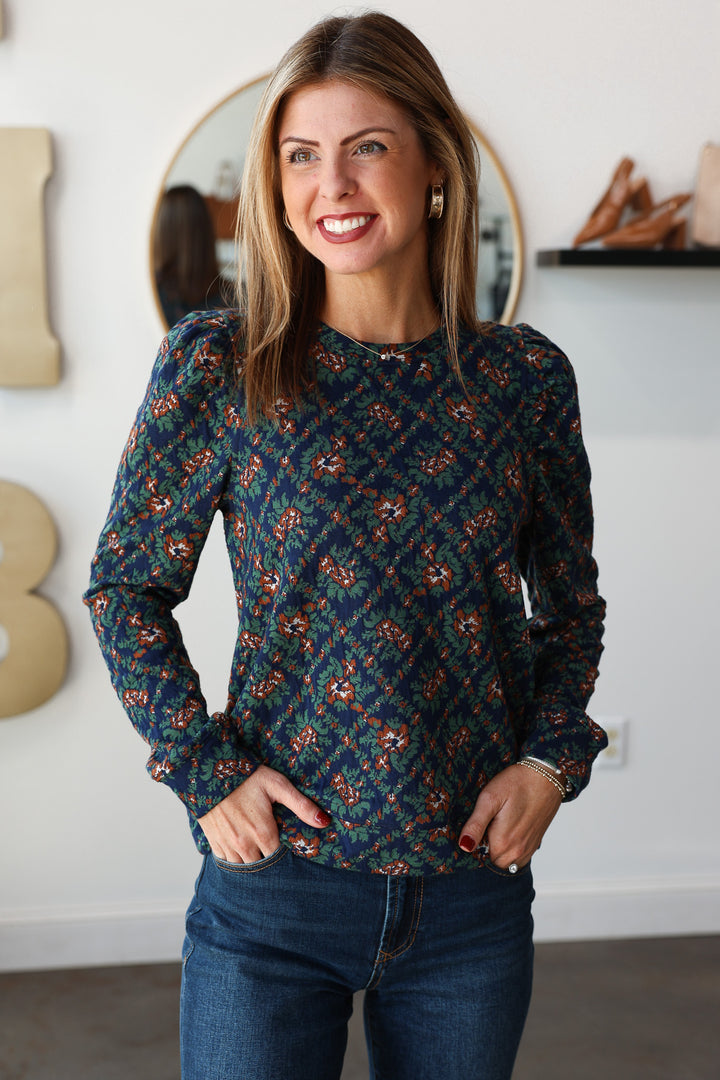Puff Sleeve Printed Top - Navy