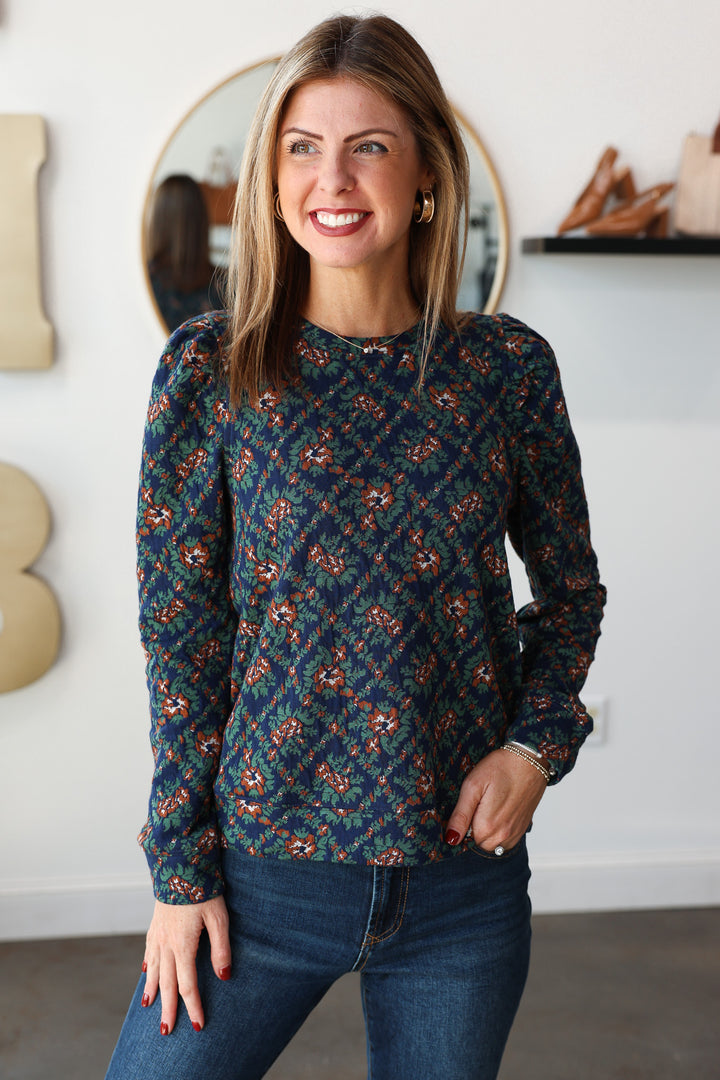 Puff Sleeve Printed Top - Navy